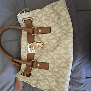 Michael Kors Beige Signature Logo Satchel with Brown Trim